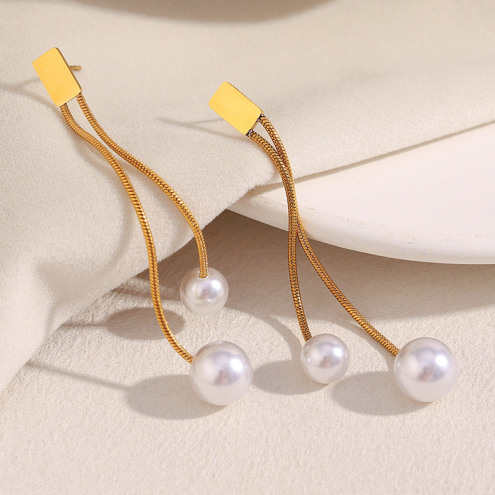 Geometric Vintage-Style Stainless Steel Earrings with 18K Gold Plating and Pearl-Like Dangle for Women