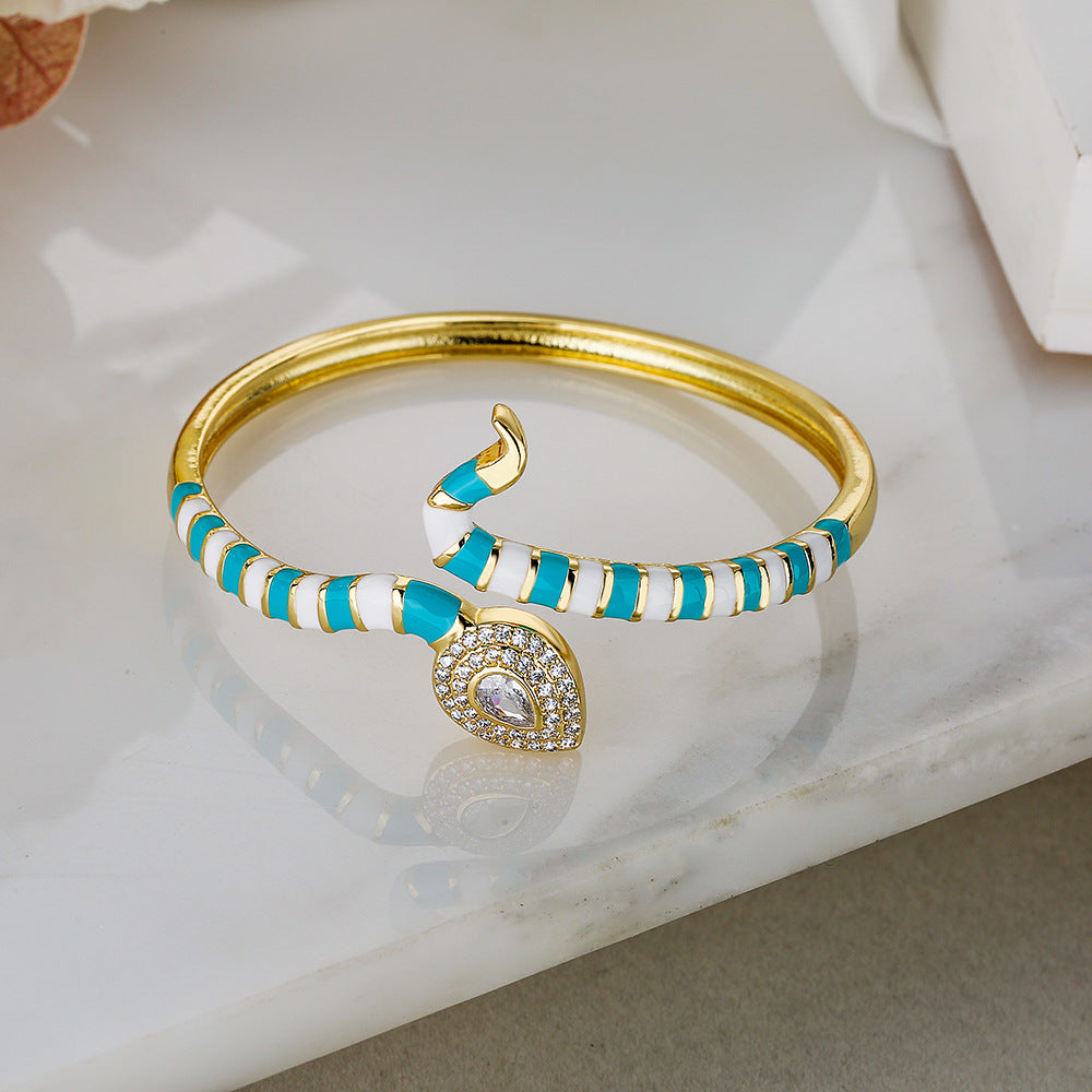 Bohemian Style Snake-Shaped Enamel Zirconia Cuff Bracelet for Women
