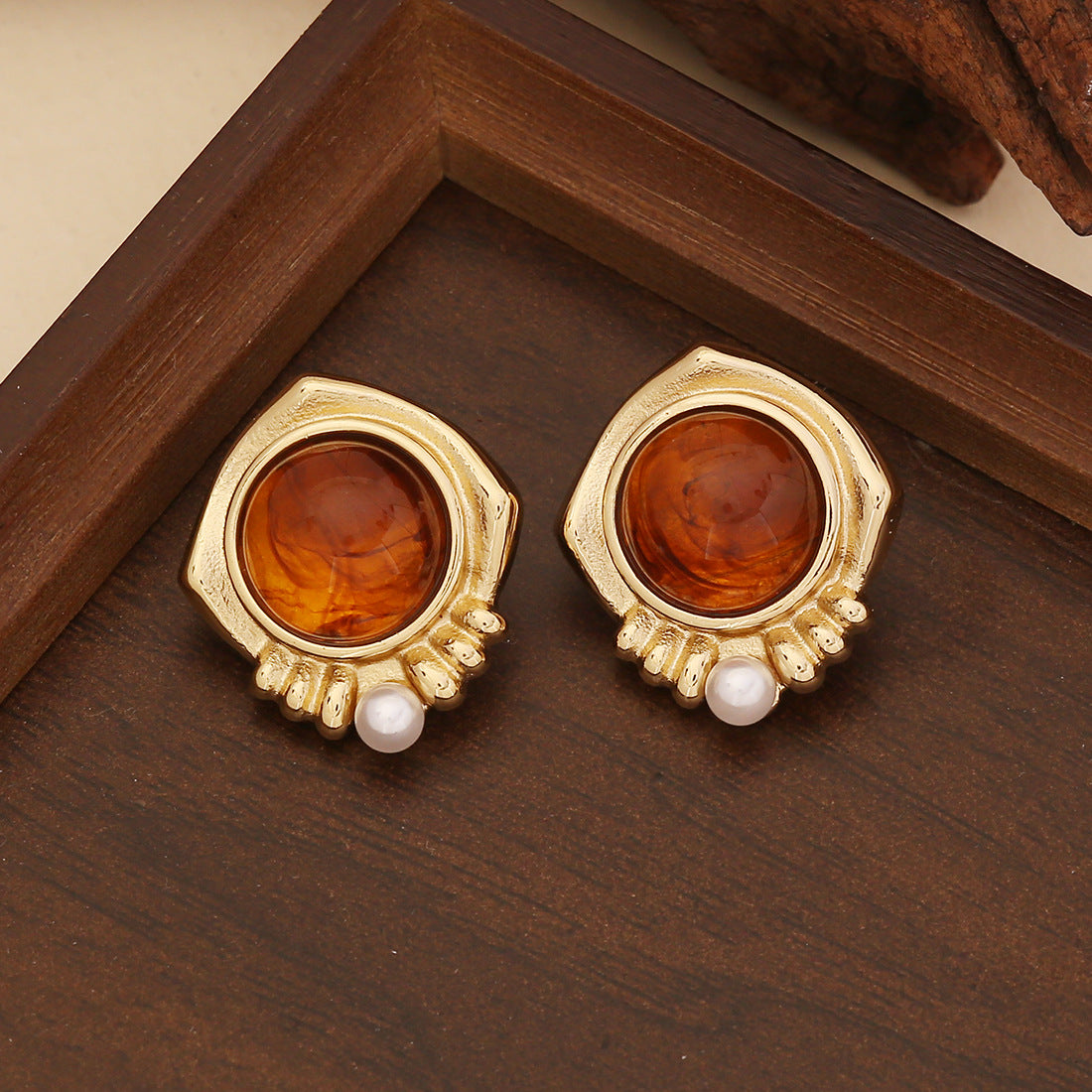 Vintage Geometric Stainless Steel Earrings with Plated Finish and Pearl Accents for Women
