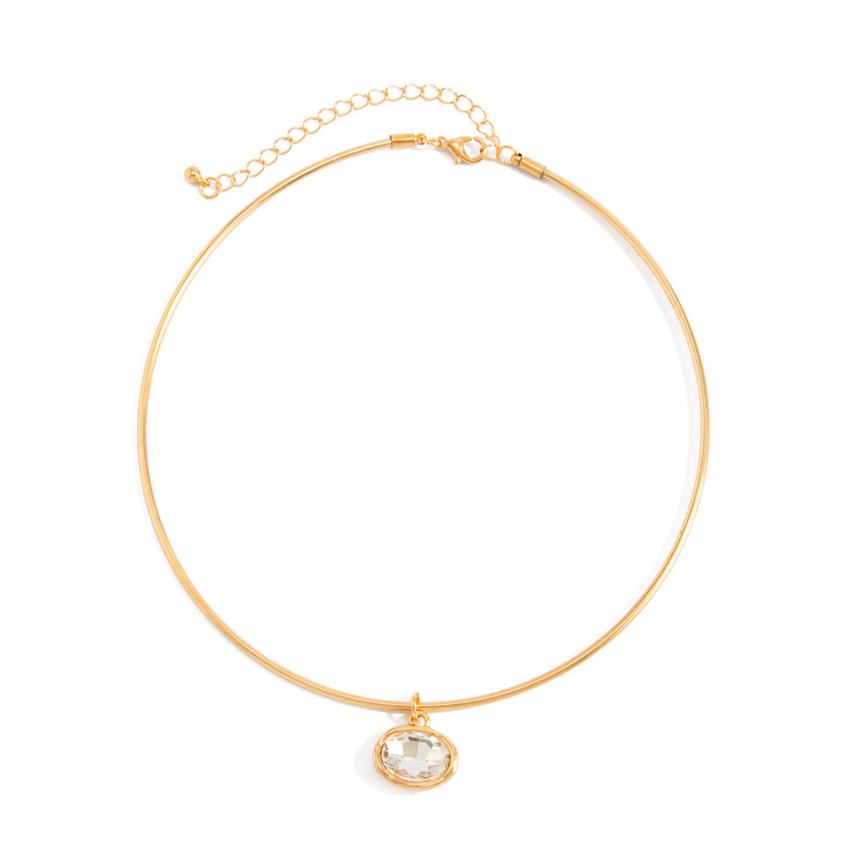 Minimalist Oval Geometric Rhinestone Plated Zinc Alloy Pendant Choker Necklace for Women