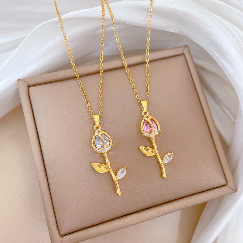 Luxury Titanium Steel Geometric Tulip Rhinestone Pendant Necklace for Women with Adjustable Chain