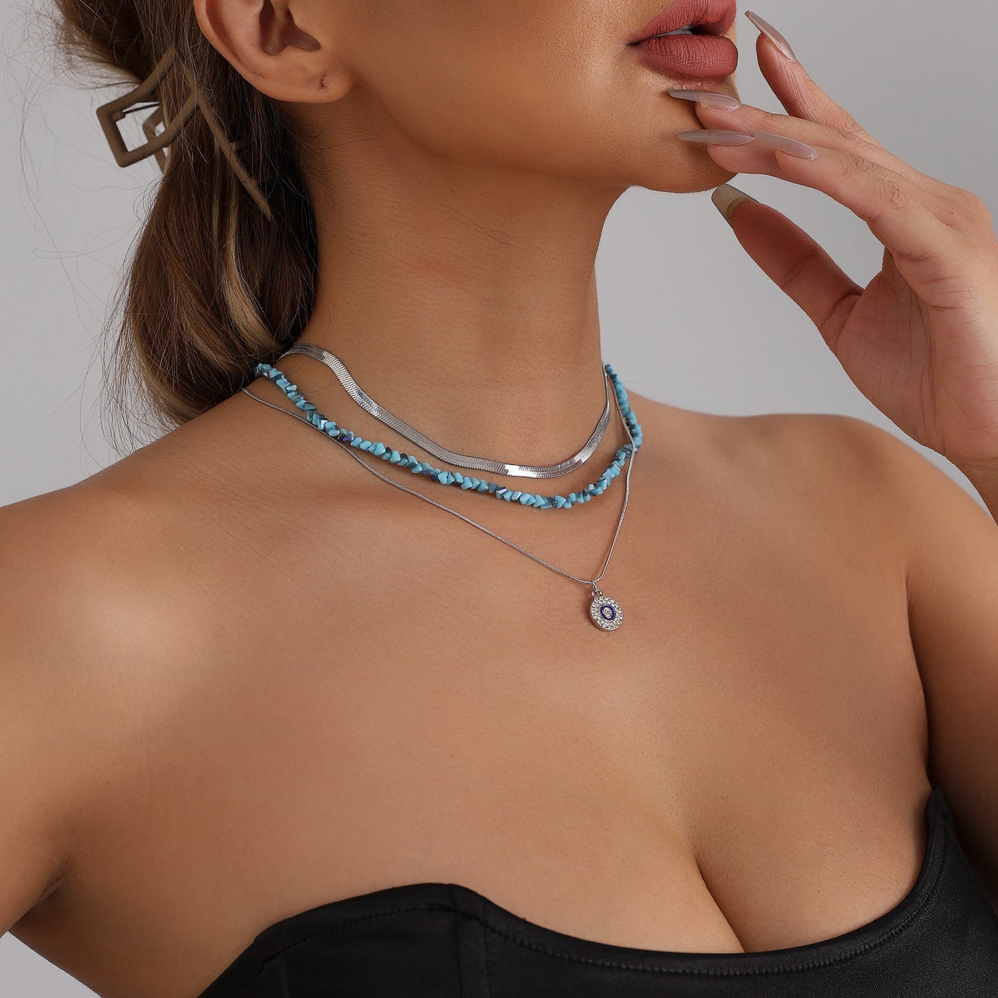 Luxury Geometric Evil Eye Blue Crystal Plated Alloy Necklace for Women