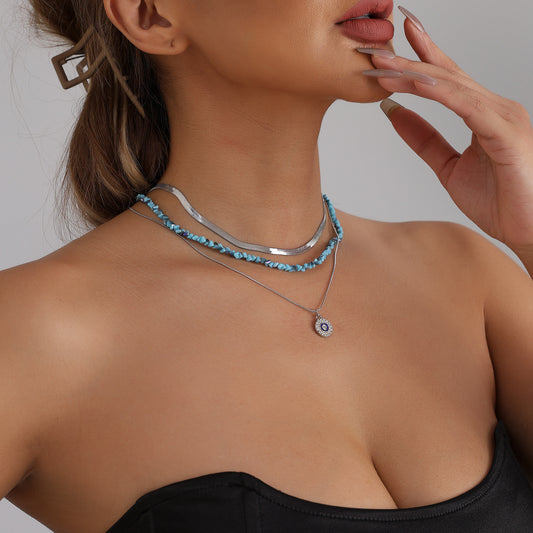 Luxury Geometric Evil Eye Blue Crystal Plated Alloy Necklace for Women