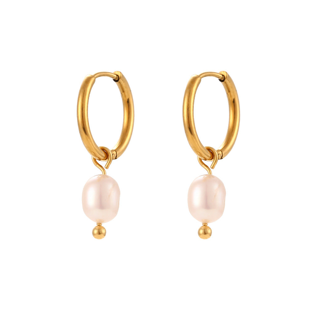 Pendientes de Acero Inoxidable Geométricos Minimalistas con Baño de Oro de 18K y Detalles de Perlas de Agua Dulce