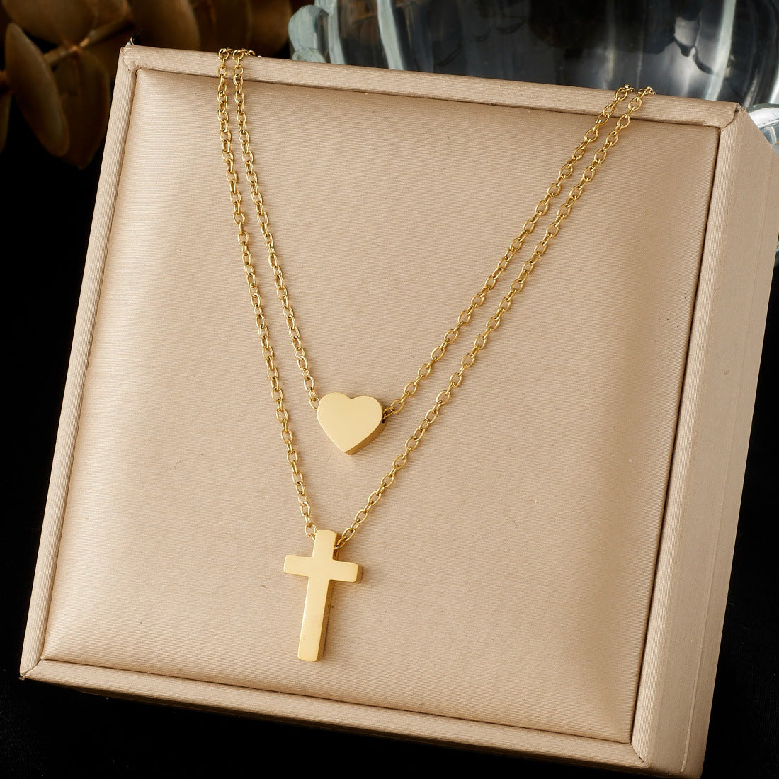 Minimalist Gold Plated Stainless Steel Heart Cross Pendant Necklace for Women