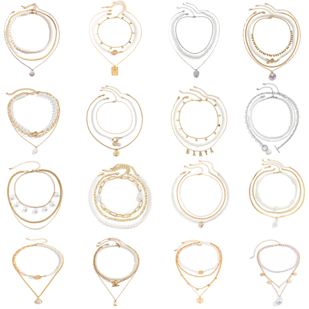 Sweet Plated Alloy Heart Star Round Faux Pearl Pendant Snake Chain Necklace for Women