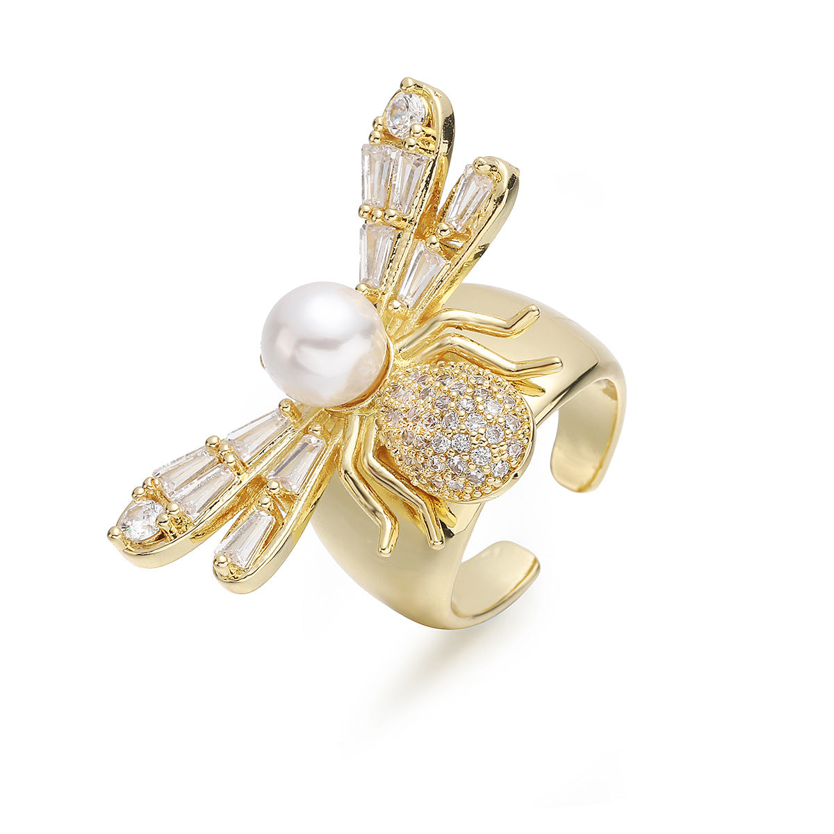 Minimalist Elegant 18K Gold Plated Brass Geometric Micro-Inlaid Cubic Zirconia Bee Open Ring for Women