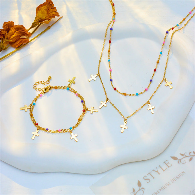 Set Collana con Pendente a Croce alla Moda in Acciaio al Titanio Placcato per Donna
