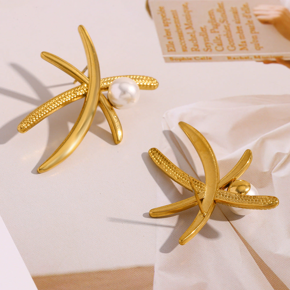 Fashionable Coconut Tree Shaped Pearl Stud Earrings in Stainless Steel with 18K Gold Plating for Women