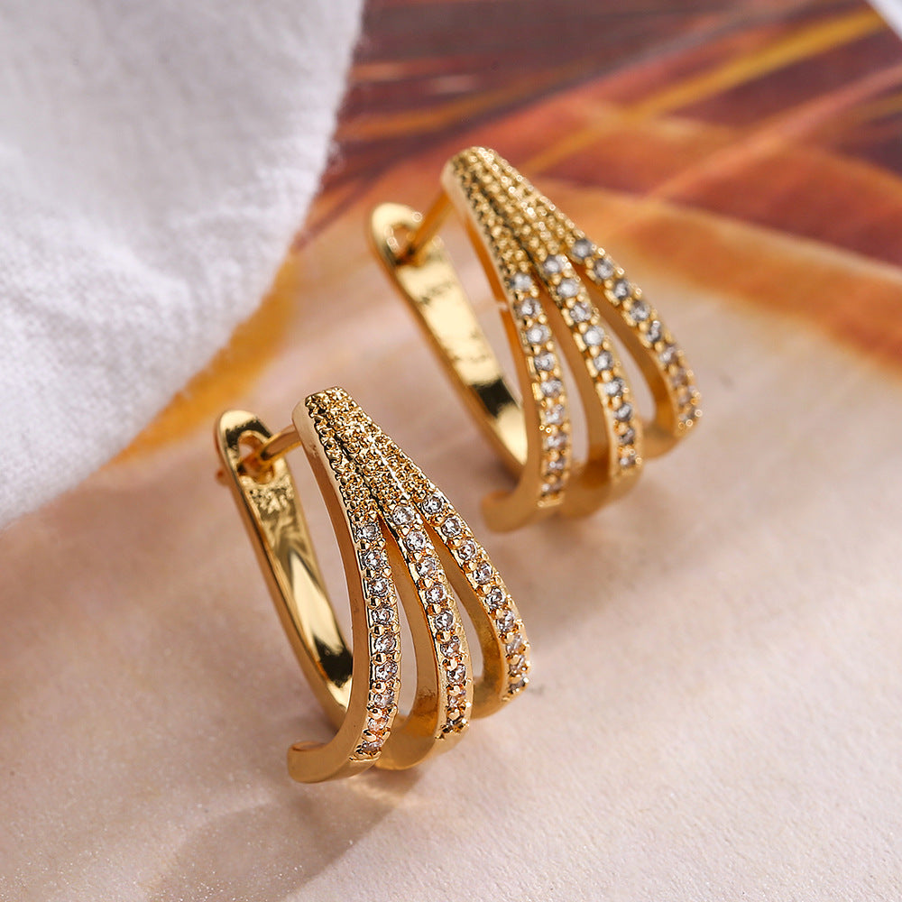 Orecchini geometrici irregolari minimalisti da donna in rame placcato oro 18 carati e intarsio in zircone