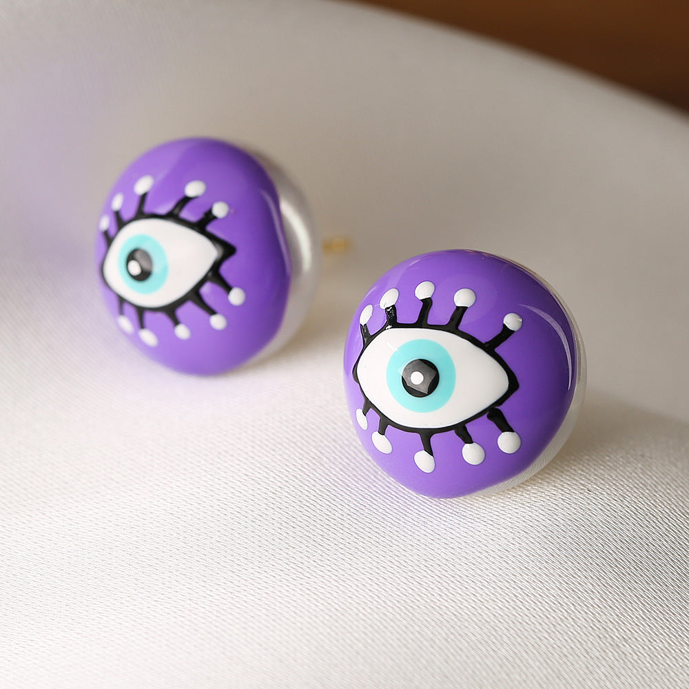Hand-painted Evil Eye Stud Earrings for Women with Enamel Finish in Geometric Shape Made of Copper