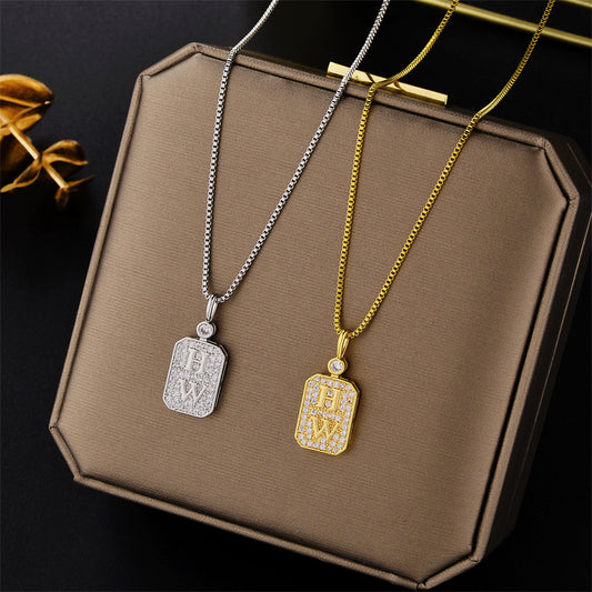 Minimalist Geometric HW Letter Pendant Necklace in Titanium Steel with Rhinestone Inlay and Plated Finish for Women