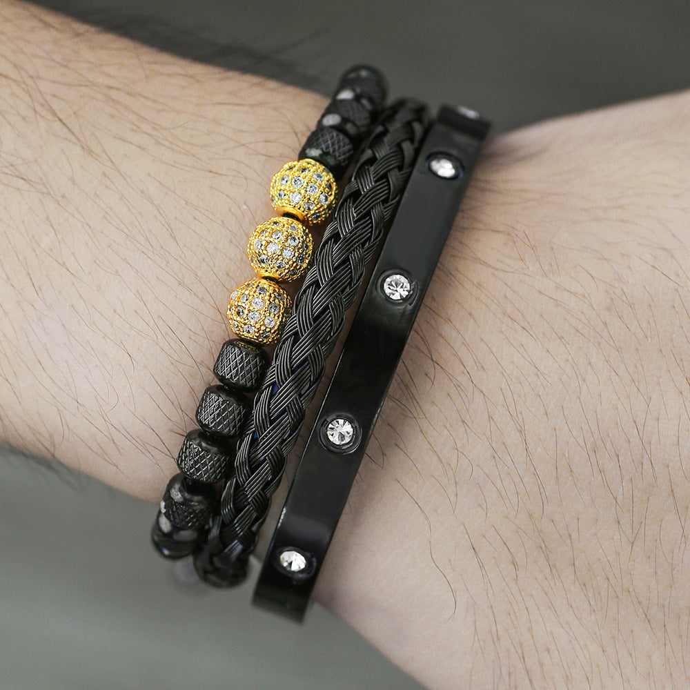 Geometric Round Stainless Steel Plated Bracelet Set with Cubic Zirconia Beads and Roman Numerals for Men and Women
