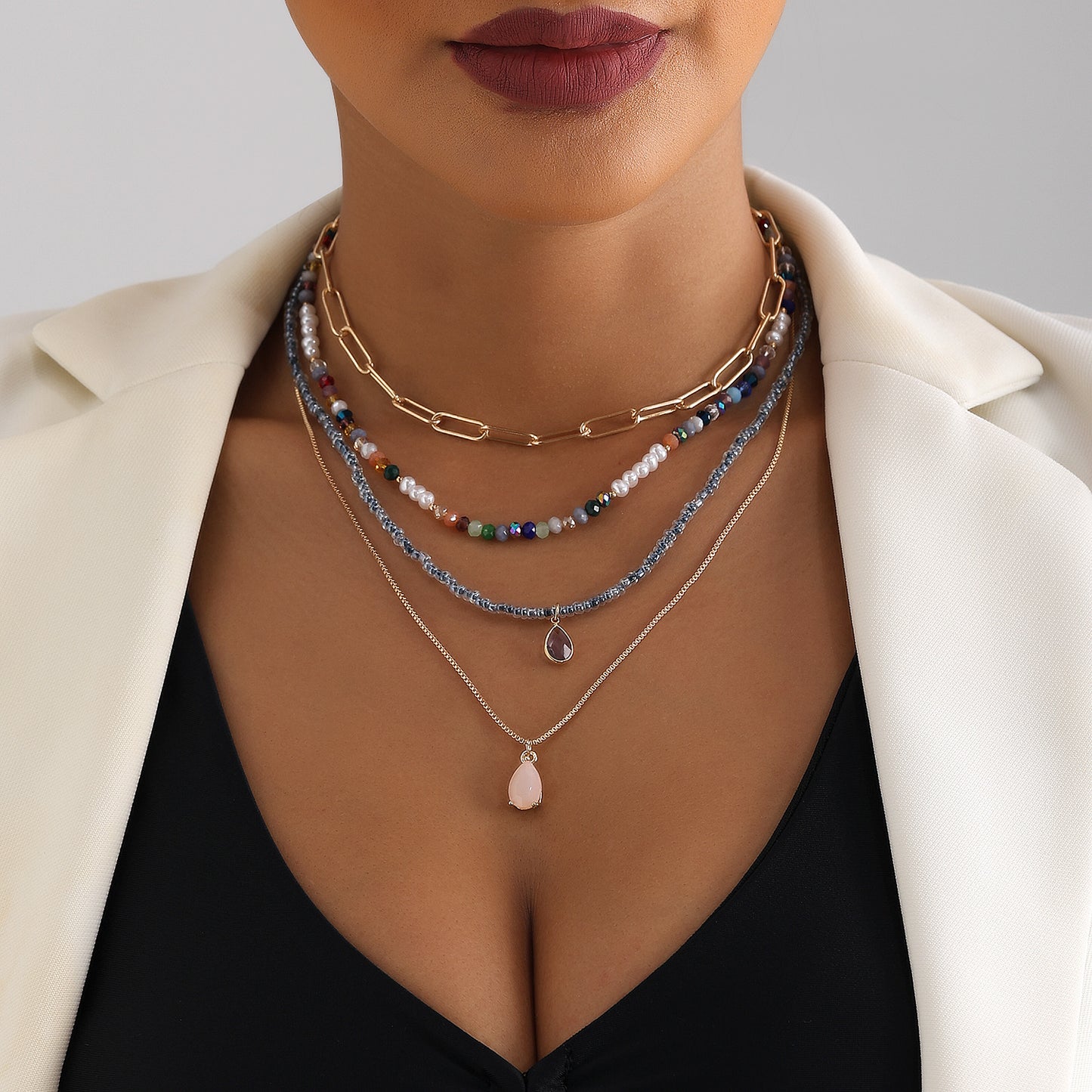 Bohemian Multi-Layer Beaded Necklace with Geometric Shape Alloy Pendant, Electroplated Finish, Fashionable Clavicle Chain for Women
