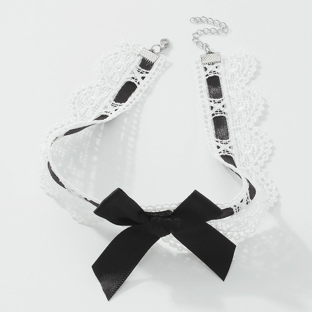 Collar corto minimalista con lazo de encaje, base de aleación y detalle de tela para mujer