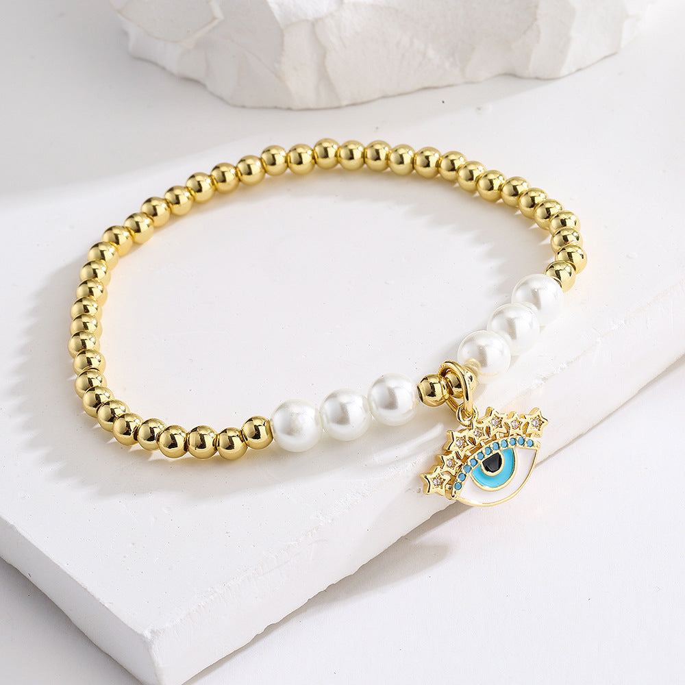 Minimalist Geometric Evil Eye Bracelet for Women with Copper Base Plated in 18K Gold and Enamel-Set Zirconia