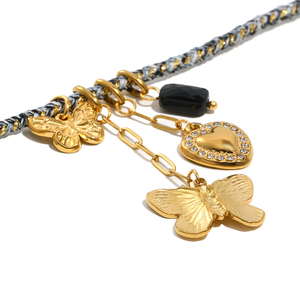 Collana pendente a farfalla minimalista in acciaio inossidabile con placcatura in oro 18 carati su cordino di cotone da donna