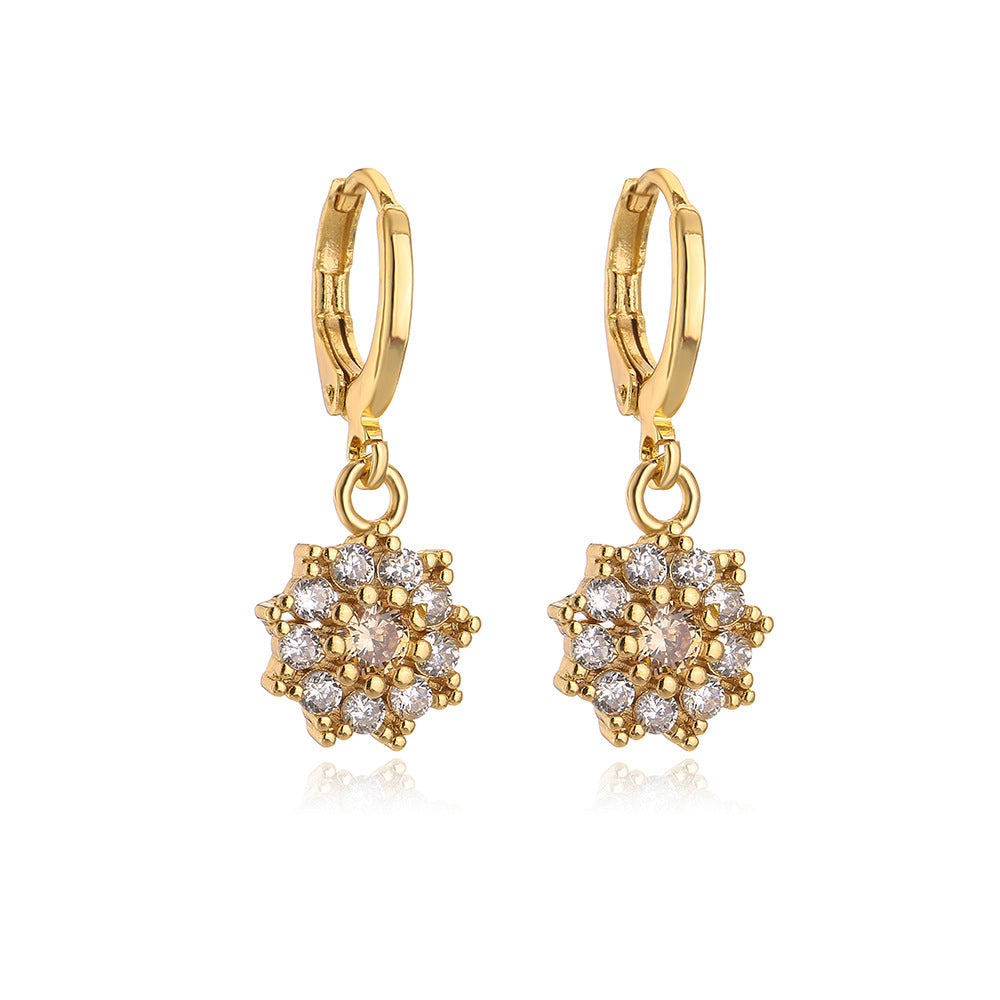 Orecchini pendenti floreali minimalisti da donna in rame con placcatura in oro 18 carati e intarsio di zirconi cubici