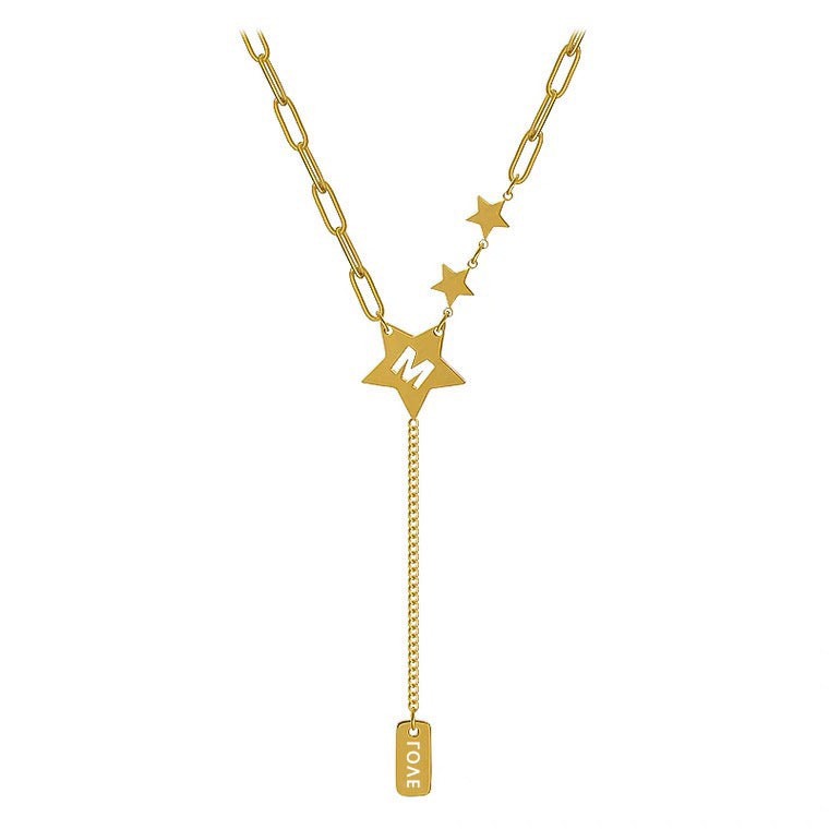 Minimalist Star Pendant Necklace with Tassels in Titanium Steel on Cuban Chain for Women