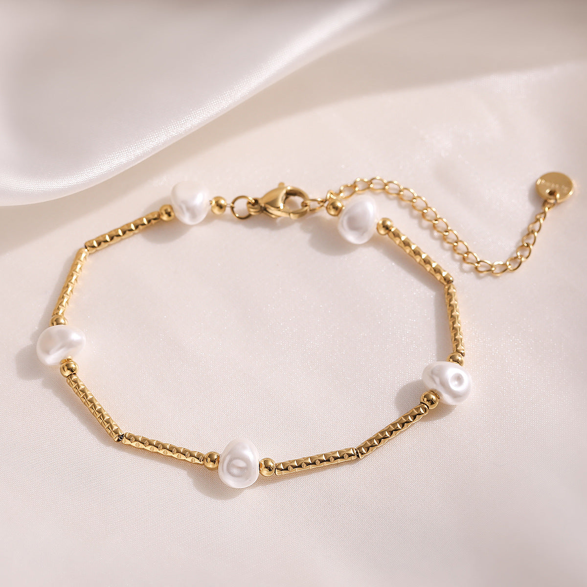 Minimalist Luxe Bamboo Joint Pearl Bracelet for Women Stainless Steel with 18K Gold Plating