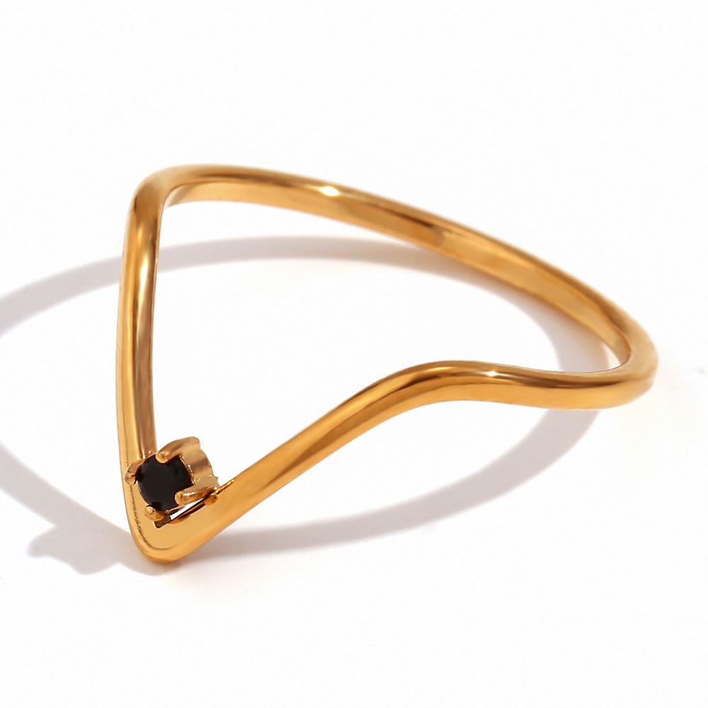 Minimalist Geometric Stainless Steel Ring with 18K Gold Plating and Micro-Pavé Rhinestones for Women