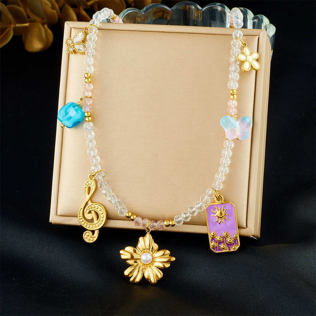 Vintage Luxury Geometric Floral Butterfly Drip Oil Stainless Steel Ball Chain Necklace with Music Note Beads for Women