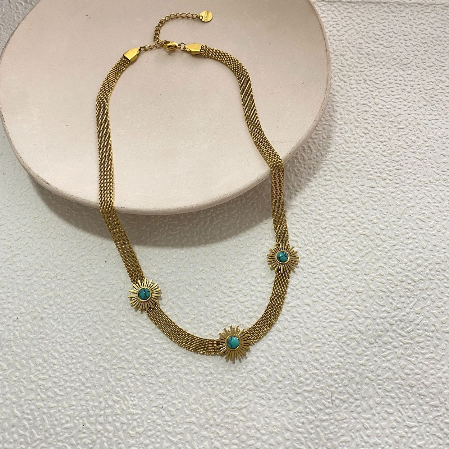 Gold Plated Titanium Steel Geometric Sunflower Necklace with Turquoise Inlay for Unisex