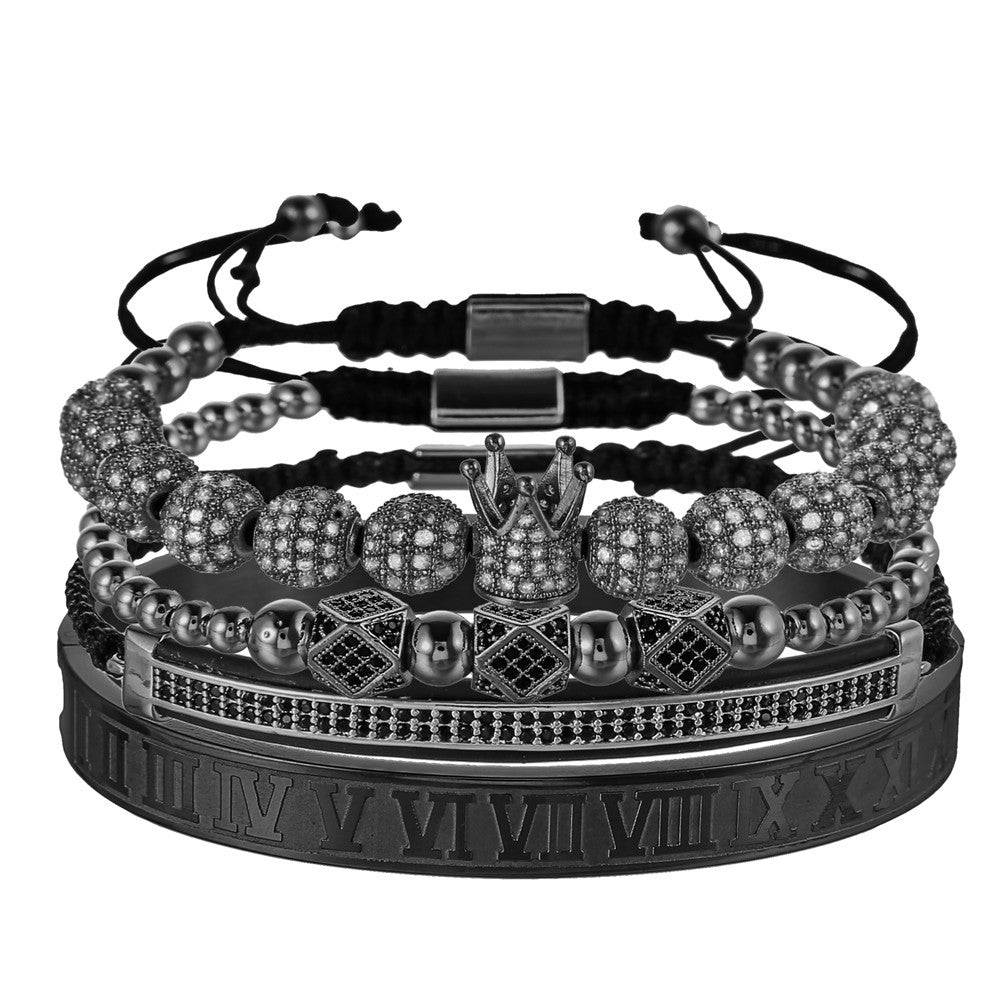 Vintage Punk Geometric Crown Brass Micro-inlay Cubic Zirconia Stainless Steel Braided Bracelet Set for Unisex