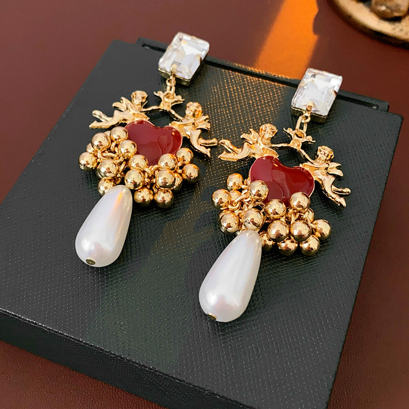 Vintage Heart-Shaped Enamel Alloy Stud Earrings with Tassel Accents for Women