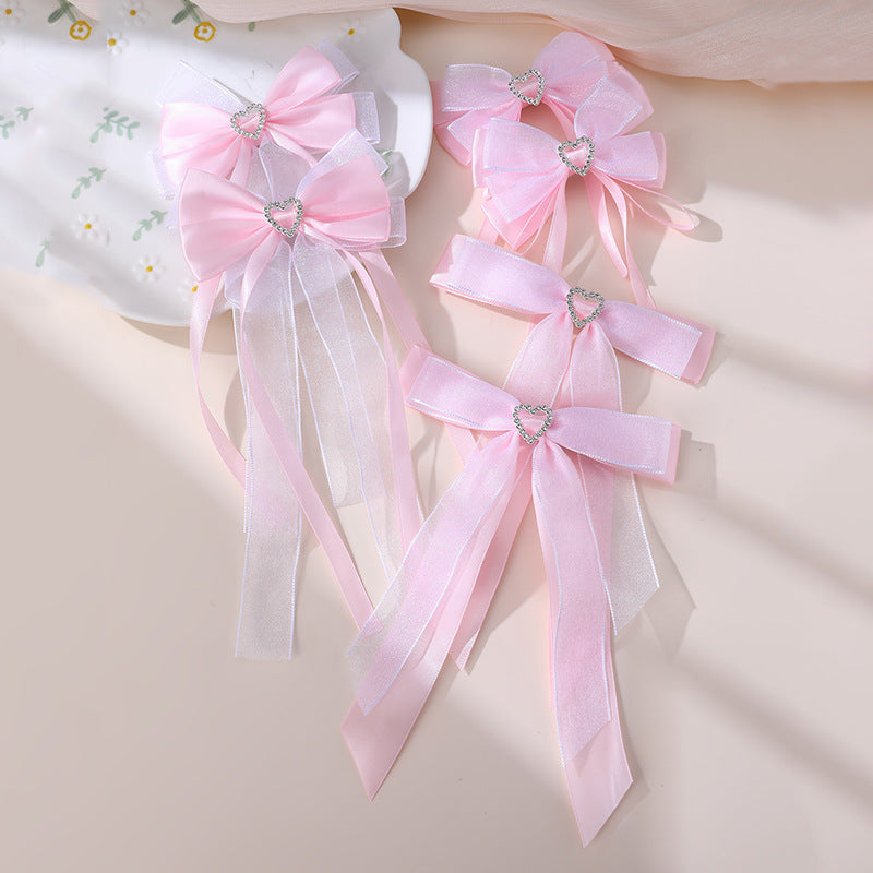 Natural Style Double-Layer Bow Hair Clip for Girls with Pink Lace, Tassel, Heart Shape, Rhinestone Accents and Ribbon Detail