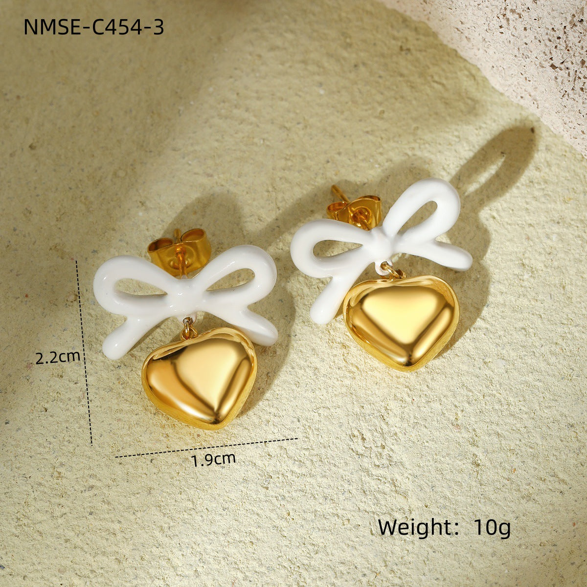 Orecchini da donna alla moda in acciaio inossidabile con fiocco e a forma di cuore, placcati in oro 18 carati e finitura smaltata