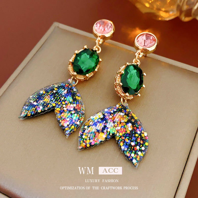 Vintage-Style Fish Tail Earrings with Rhinestone Inlay in Alloy with Plated Steel Posts for Women