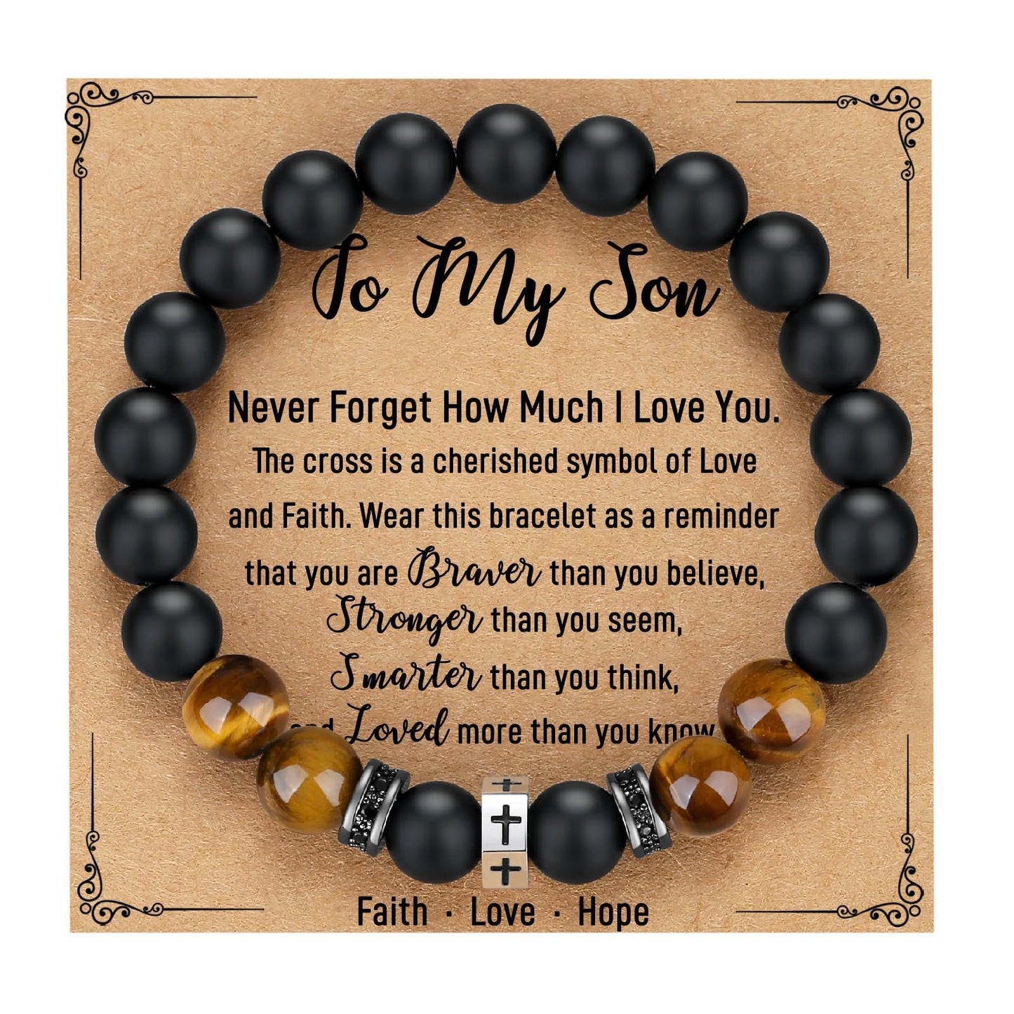 Matte Geometric Cross Tiger Eye Beaded Bracelet Stainless Steel Elastic Bangle