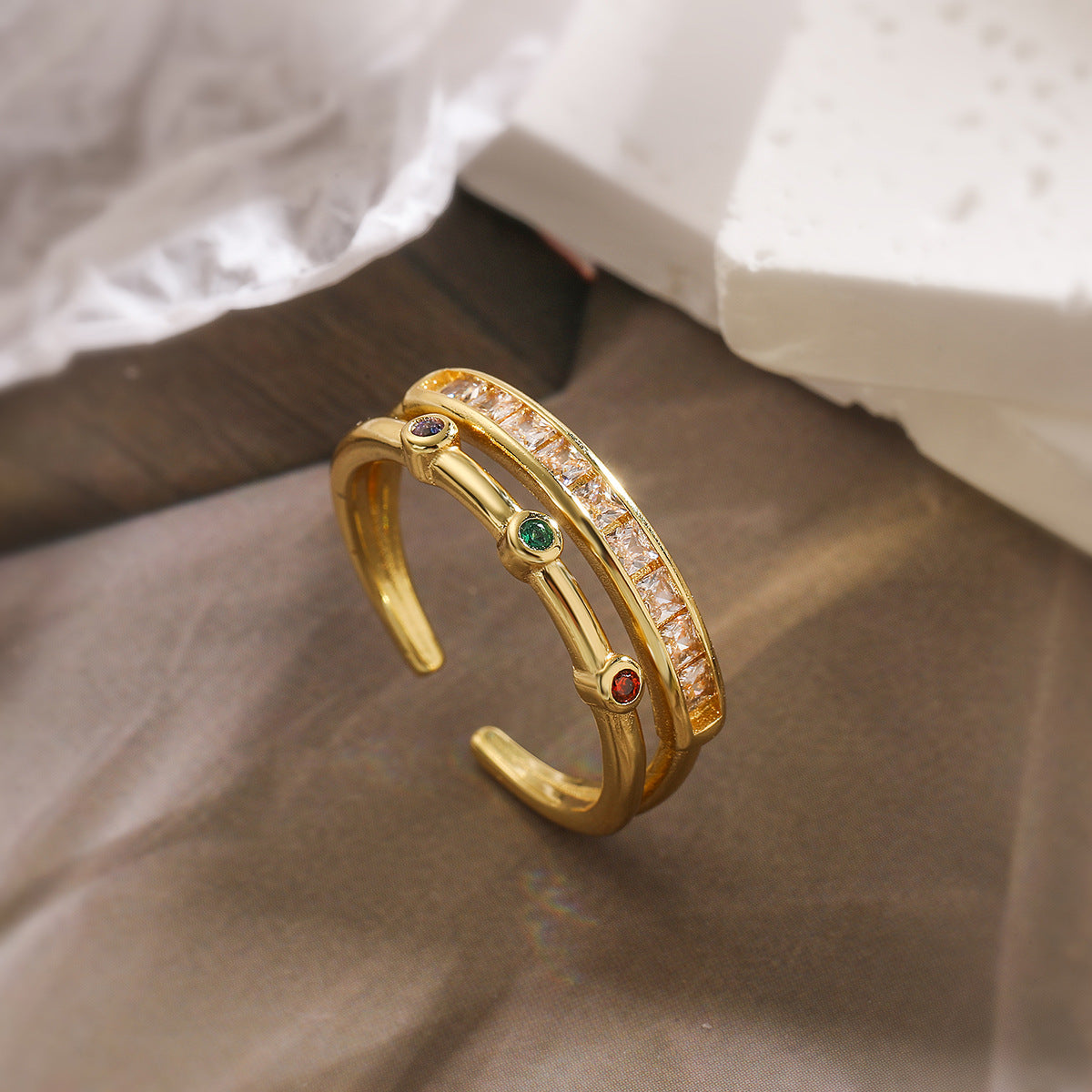 Minimalist Geometric Open Ring for Women in Copper with 18K Gold Plating and Zircon Inlay