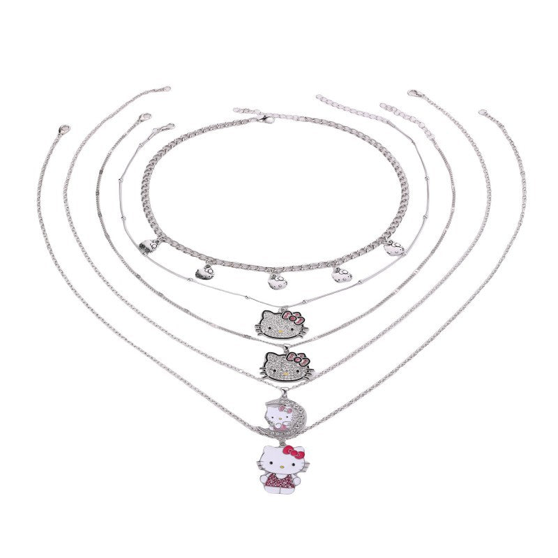Collana da donna con ciondolo gatto a fiocco in lega smaltata, dolce e fresco, con perline di vetro