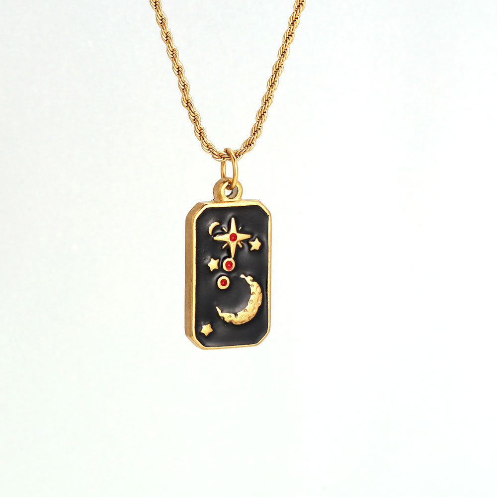 Elegante collar vintage de acero inoxidable con colgante cuadrado de esmalte de tarot con motivos de estrella y sol en cadena trenzada para mujer