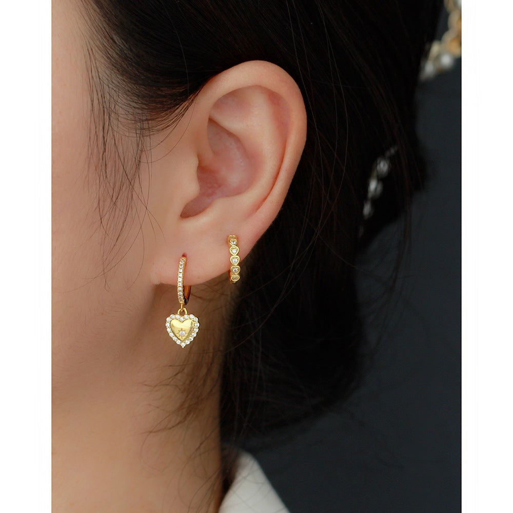 Heart-Shaped Rhinestone-Set Sterling Silver Ear Studs for Women Elegant Minimalist Earrings