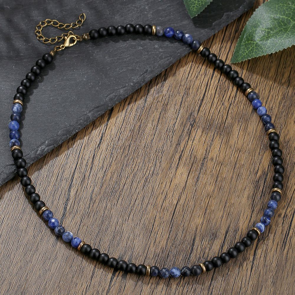 Bohemian Black Agate Volcanic Stone Blue Dot Beaded Necklace Multi-layer Ball Chain Unisex