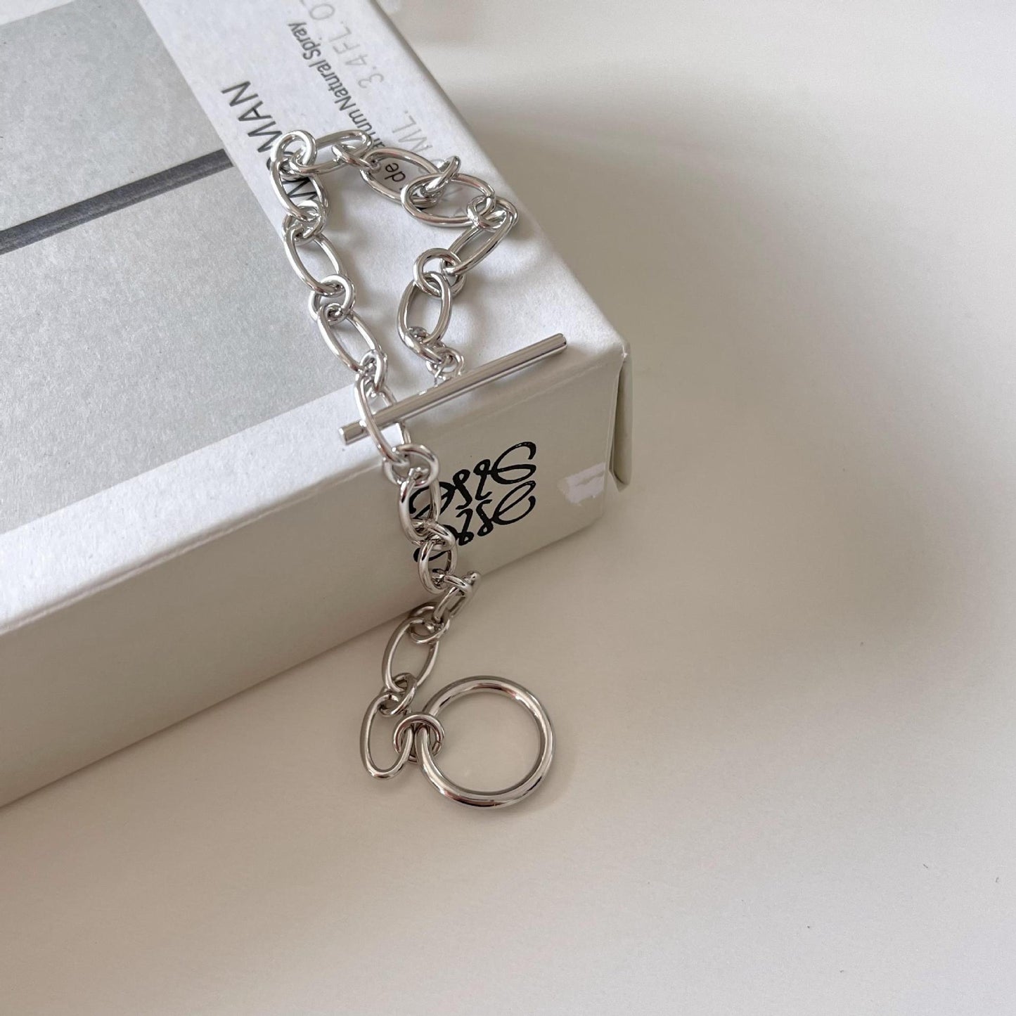 Pulsera de Cadena Redonda Ovalada Geométrica de Plata de Ley 925 Bañada en Oro Blanco para Mujer