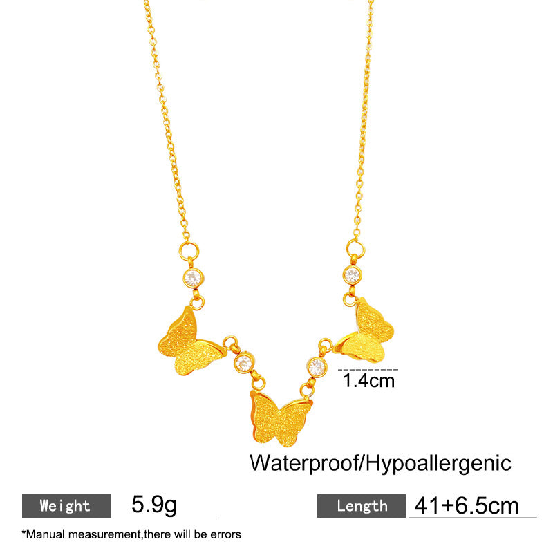 Vintage Matte Titanium Steel Butterfly Necklace with Cubic Zirconia Inlay