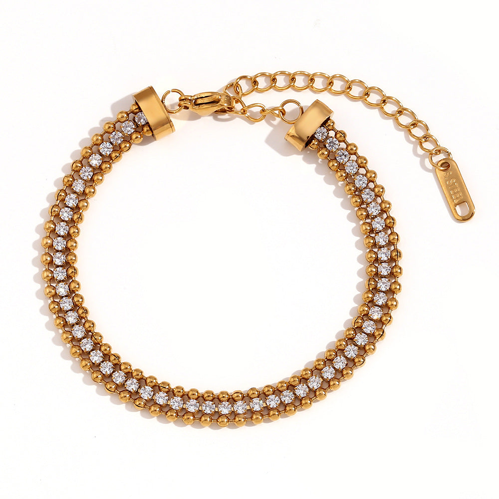 Fashionable Geometric Stainless Steel Plated 18K Gold Triple Twisted Beaded Zirconia Bracelet for Women