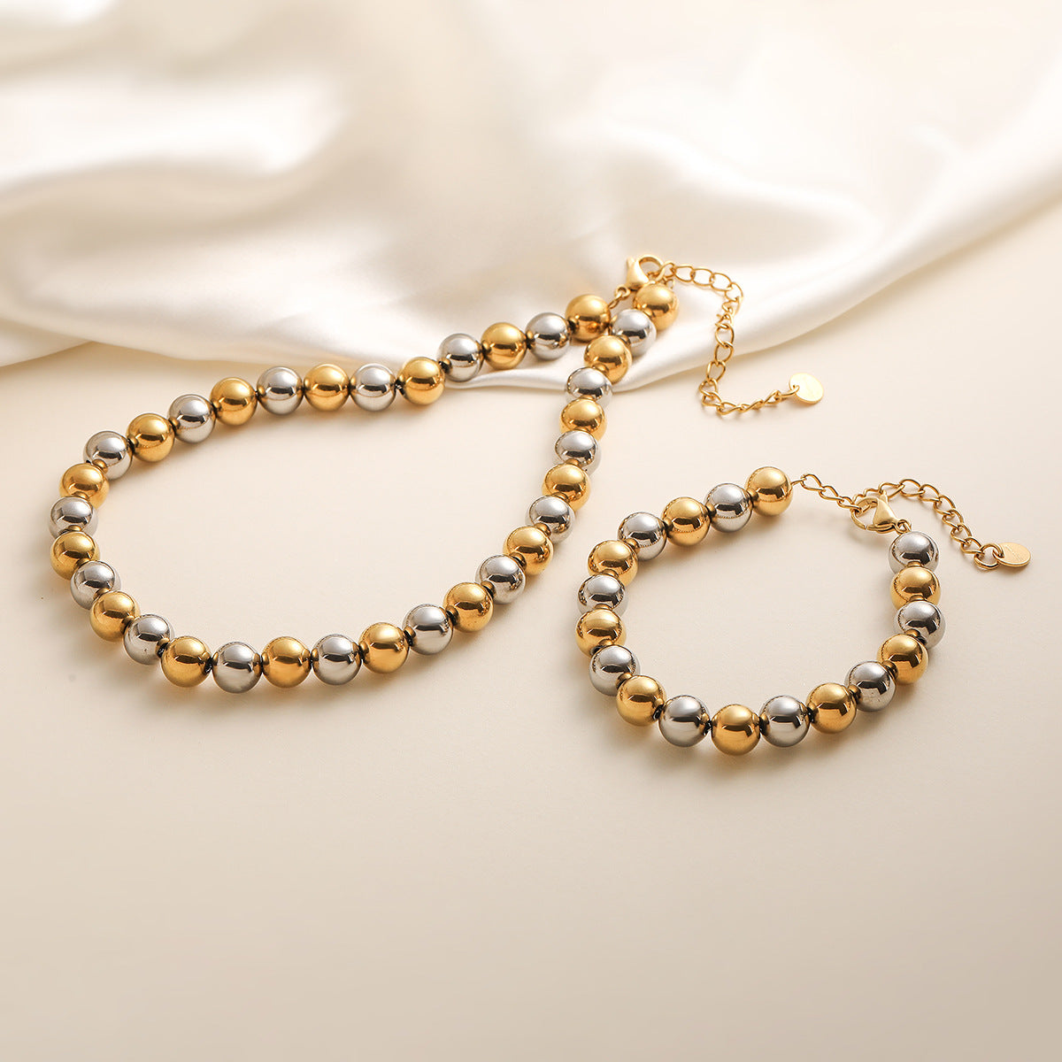 Minimalist 18K Gold Plated Round Ball Chain Stainless Steel Necklace and Bracelet Set for Women