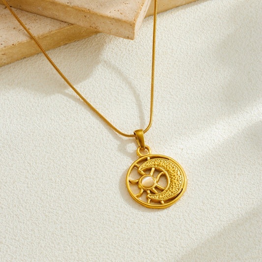 Minimalist Gold Plated Geometric Sun Moon Hollow Pendant Stainless Steel Snake Chain Necklace for Women