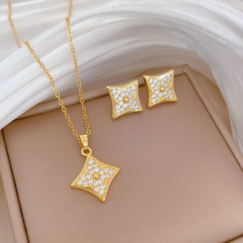 Luxury Fresh and Sweet Plated Brass Zircon Micro-Pave Earrings and Necklace Set