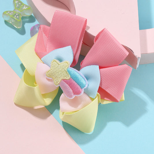 Cartoon Bow Hair Clip for Kids in Rainbow Color Pattern with Embroidery and Handmade Fabric Construction