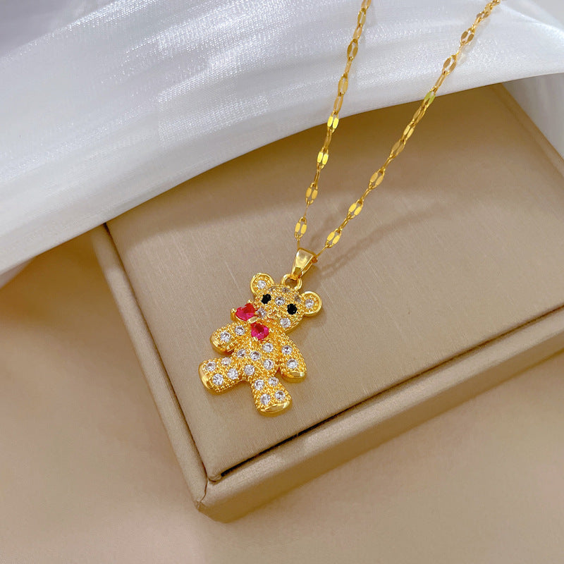 Minimalist Bow-Knot Bear Pendant Necklace for Women with Rhinestone Inlay on Titanium Steel Chain