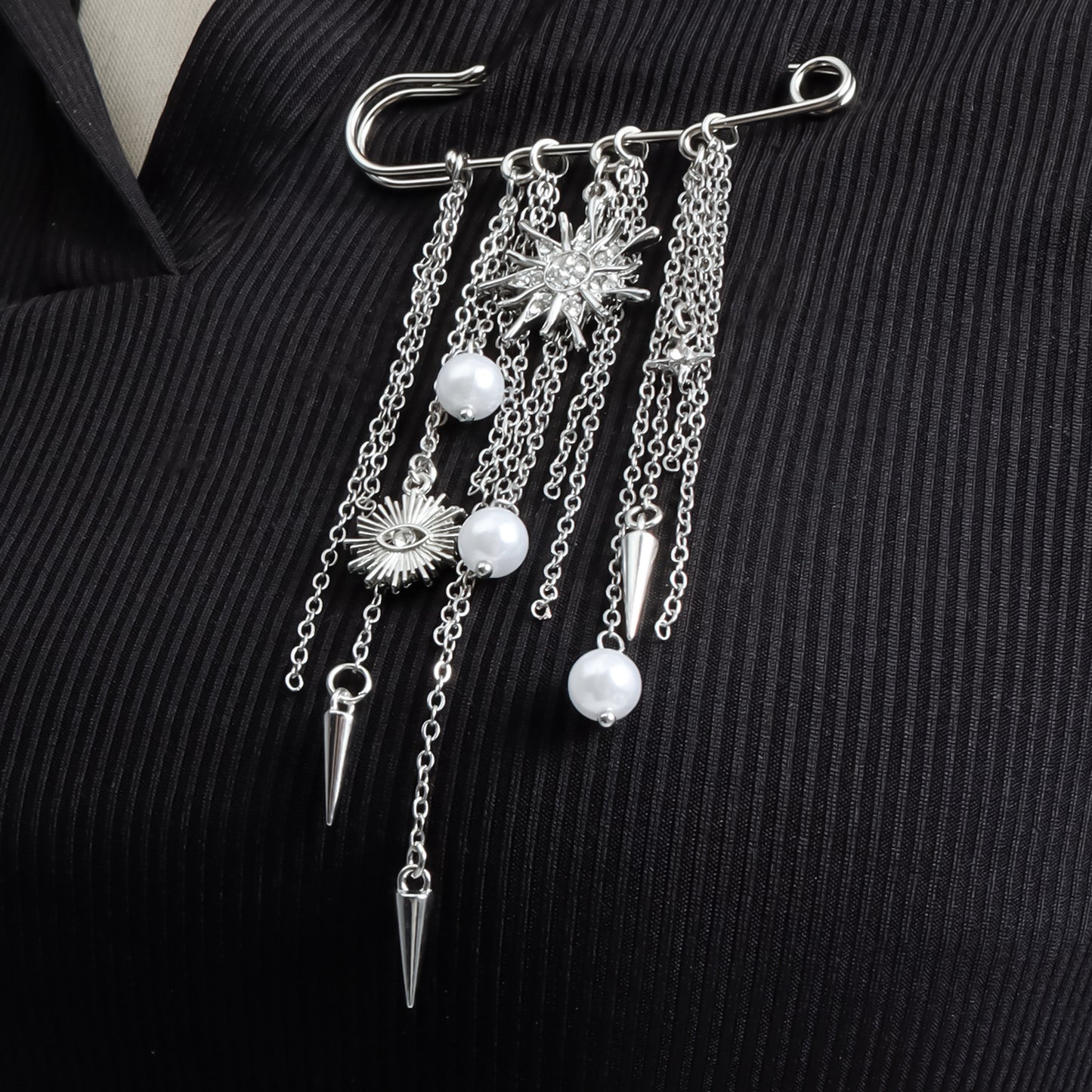 Elegant Geometric Alloy Plated Brooch with Tassel, Pearl and Rhestone Sun Eye Design