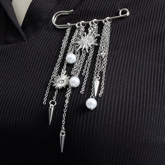 Elegant Geometric Alloy Plated Brooch with Tassel, Pearl and Rhestone Sun Eye Design