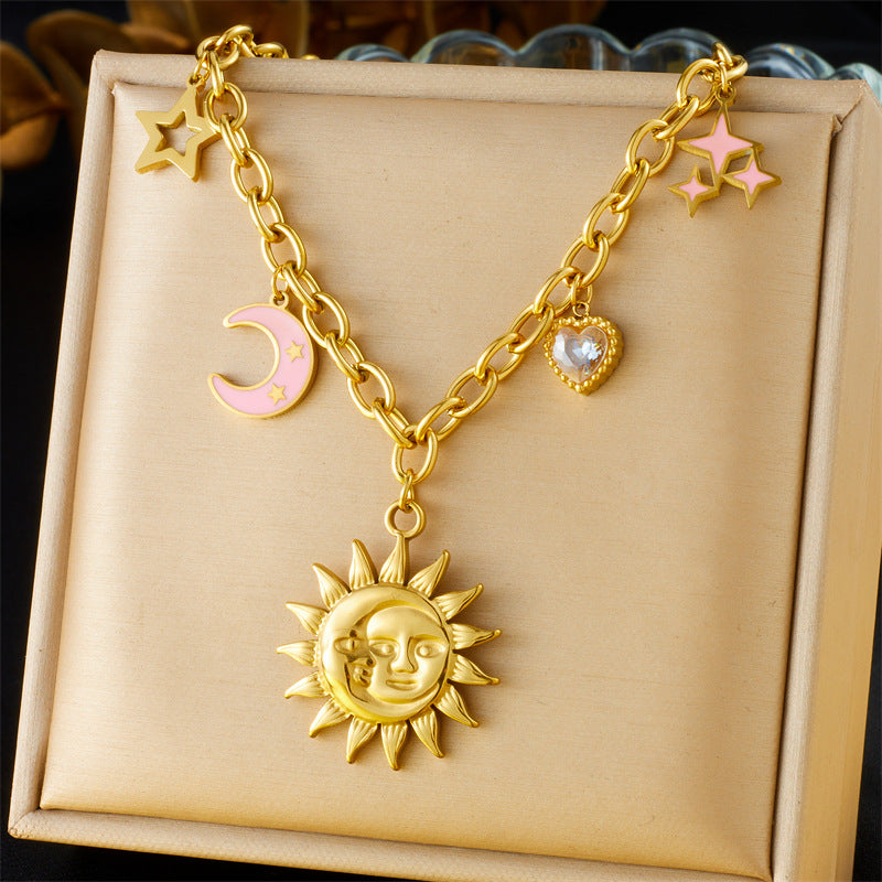 Vintage Double Layer Stainless Steel Necklace with Rhinestone and Drip Oil Cherry Heart Star Charms