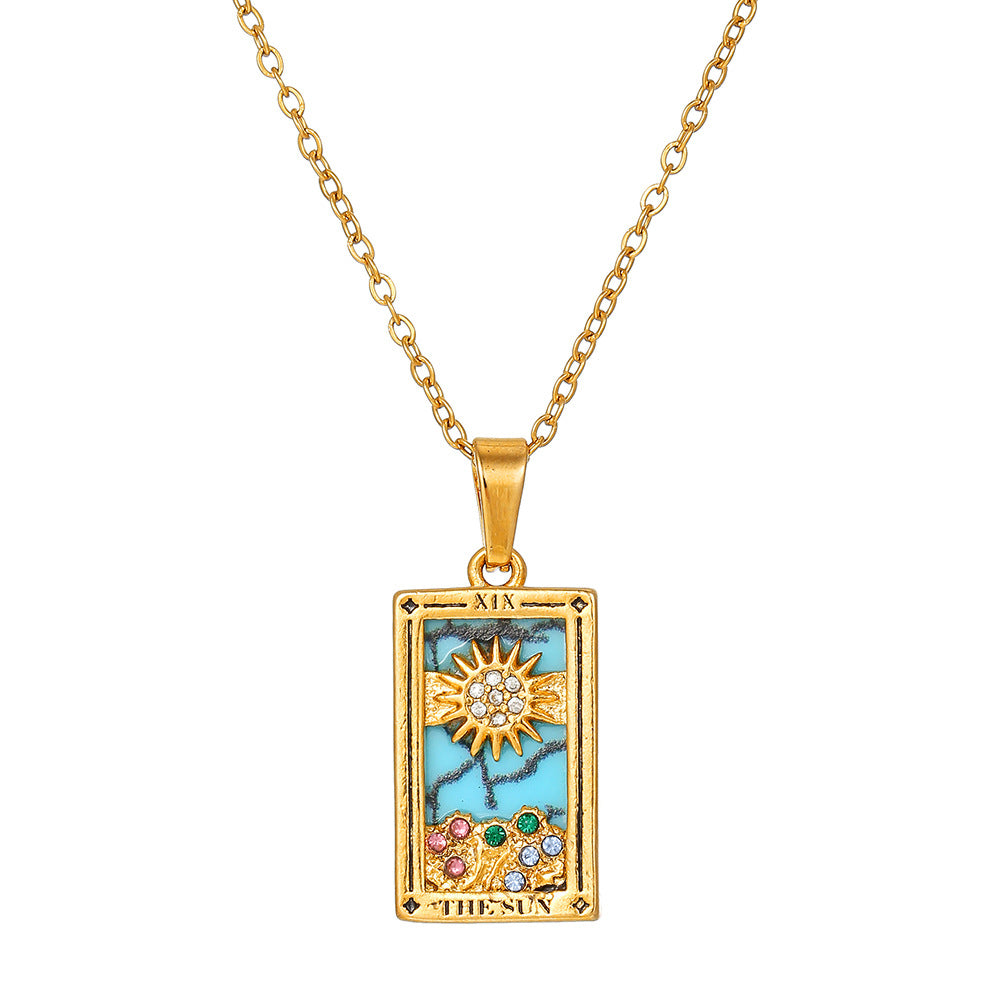 Vintage Casual Rectangle Drip Oil Cubic Zirconia Stainless Steel Necklace with Geometric Tarot Pendant Cable Chain Unisex